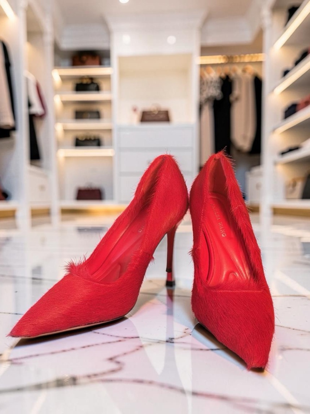 Azalea Wang NWT Stunning Red Dyed Cow Fur Pointed Toe Stiletto Pumps (SH411) - Picture 1 of 11